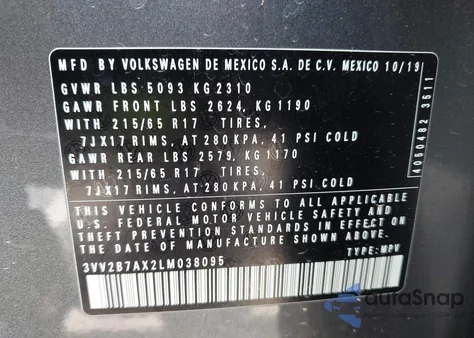 2020 Volkswagen Tiguan 2.0T Se/2.0T Se R-Line Black/2.0T Sel from USA, damaged, VIN 3VV2B7AX2LM038095